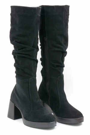 Cizme dama lungi elegante fronsate din piele naturala intoarsa neagra cu varf rotund, platforma 2 cm si toc mic gros 6 cm 77221-24 [2]