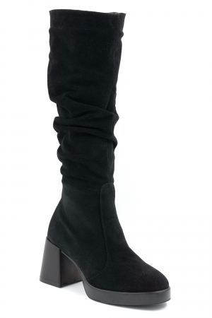 Cizme dama lungi elegante fronsate din piele naturala intoarsa neagra cu varf rotund, platforma 2 cm si toc mic gros 6 cm 77221-24 [1]