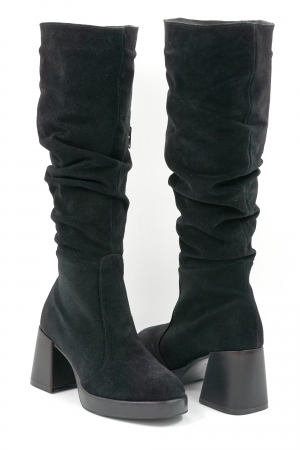 Cizme dama lungi elegante fronsate din piele naturala intoarsa neagra cu varf rotund, platforma 2 cm si toc mic gros 6 cm 77221-24 [3]