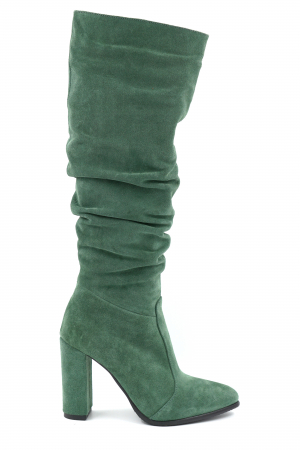 Lichidare stocuri - Cizme dama lungi elegante fronsate din piele naturala intoarsa verde menta cu varf ascutit si toc inalt gros imbracat 9 cm 77221-4-24