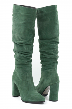 Cizme dama lungi elegante fronsate din piele naturala intoarsa verde menta cu varf ascutit si toc inalt gros imbracat 9 cm 77221-4-24 [2]