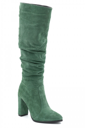 Cizme dama lungi elegante fronsate din piele naturala intoarsa verde menta cu varf ascutit si toc inalt gros imbracat 9 cm 77221-4-24 [1]
