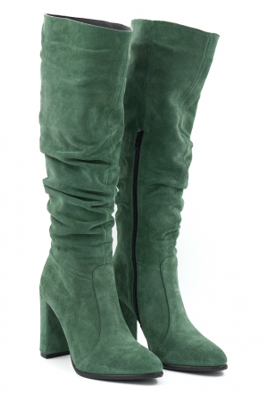 Cizme dama lungi elegante fronsate din piele naturala intoarsa verde menta cu varf ascutit si toc inalt gros imbracat 9 cm 77221-4-24 [3]
