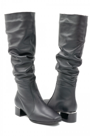 Cizme dama lungi elegante fronsate din piele naturala neagra cu varf patrat si toc mic gros 4 cm  77221-8-24 [1]