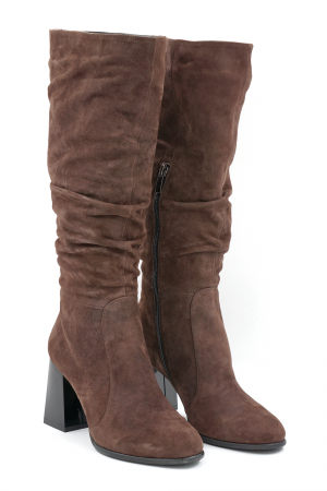 Cizme dama lungi elegante fronsate din piele naturala intoarsa maro inchis cu varf rotund si toc mediu gros 8 cm 77221-9-24 [2]