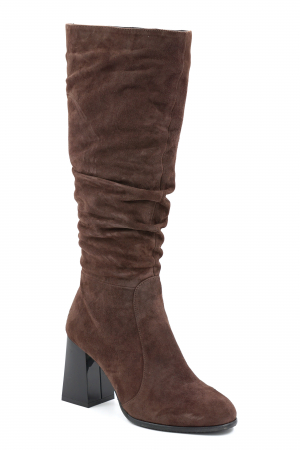 Cizme dama lungi elegante fronsate din piele naturala intoarsa maro inchis cu varf rotund si toc mediu gros 8 cm 77221-9-24 [1]