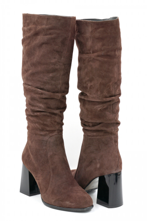 Cizme dama lungi elegante fronsate din piele naturala intoarsa maro inchis cu varf rotund si toc mediu gros 8 cm 77221-9-24 [3]