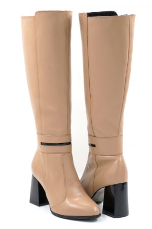 Cizme dama lungi elegante din piele naturala bej inchis cu varf rotund si toc mediu gros 8 cm 78418-24 [2]