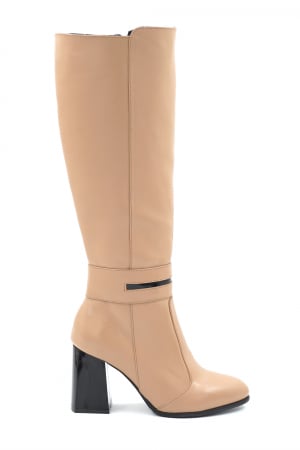 Lichidare stocuri - Cizme dama lungi elegante din piele naturala bej inchis cu varf rotund si toc mediu gros 8 cm 78418-24