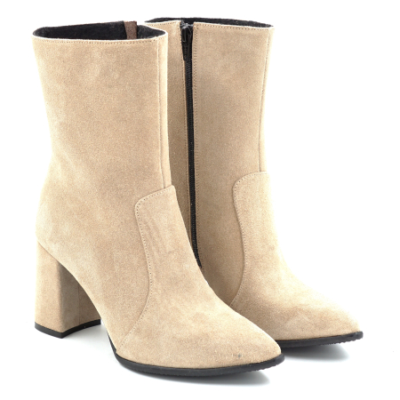 Ghete dama din piele naturala intoarsa bej cappucino cu varf ascutit stiletto si toc mediu gros imbracat de 8 cm 74617-2-25 [2]