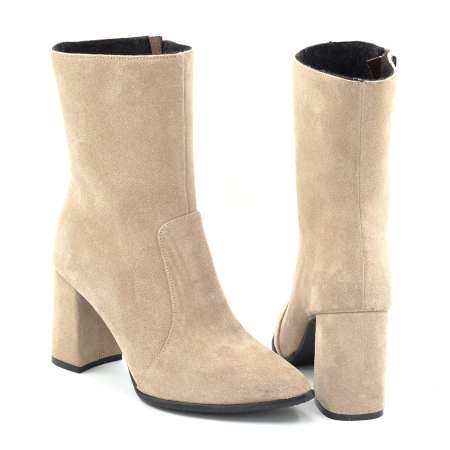 Ghete dama din piele naturala intoarsa bej cappucino cu varf ascutit stiletto si toc mediu gros imbracat de 8 cm 74617-2-25 [4]