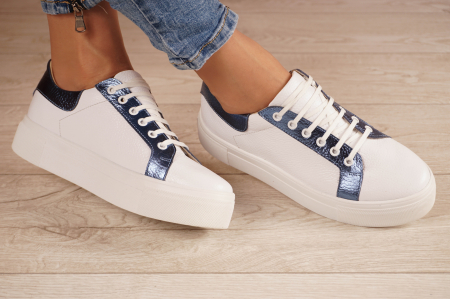 Pantofi dama - Pantofi dama tip Adidasi din piele naturala alba si albastru metalizat cu varf rotund si talpa 3 cm  57720-21