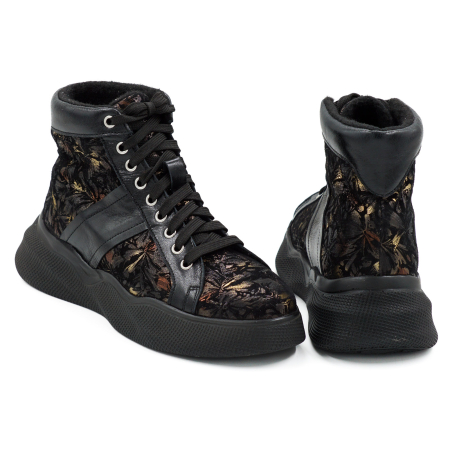 Ghete dama casual sport din piele naturala neagra si cu imprimeu cu varf rotund si talpa 4 cm 72521-1-26 [4]