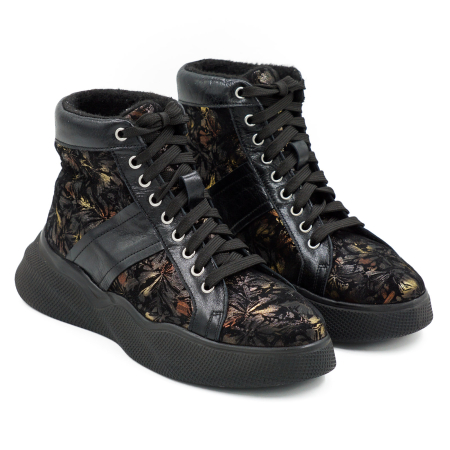 Ghete dama casual sport din piele naturala neagra si cu imprimeu cu varf rotund si talpa 4 cm 72521-1-26 [2]