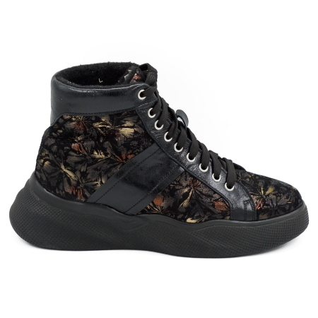 Lichidare stocuri - Ghete dama casual sport din piele naturala neagra si cu imprimeu cu varf rotund si talpa 4 cm 72521-1-26