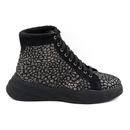 Lichidare stocuri - Ghete dama casual sport din piele naturala neagra si cu imprimeu cu varf rotund si talpa 4 cm 72521-26