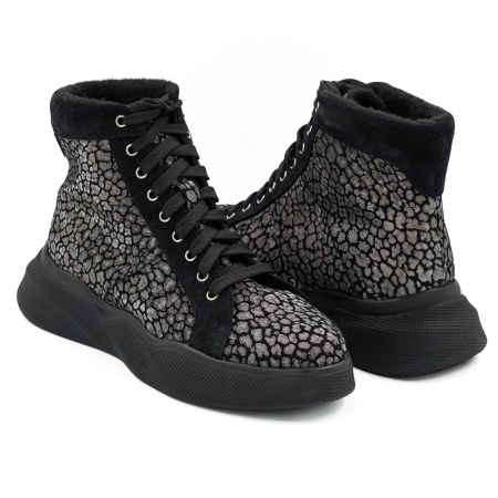 Ghete dama casual sport din piele naturala neagra si cu imprimeu cu varf rotund si talpa 4 cm 72521-26 [3]