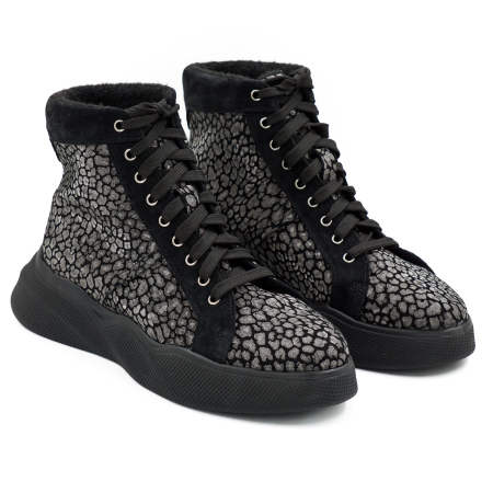 Ghete dama casual sport din piele naturala neagra si cu imprimeu cu varf rotund si talpa 4 cm 72521-26 [2]