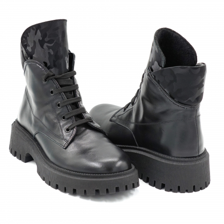 Ghete dama casual din piele naturala neagra si cu imprimeu 3D negru militar, cu varf rotund si talpa 3 cm   70119-23 [3]
