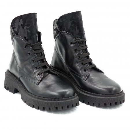 Ghete dama casual din piele naturala neagra si cu imprimeu 3D negru militar, cu varf rotund si talpa 3 cm   70119-23 [2]