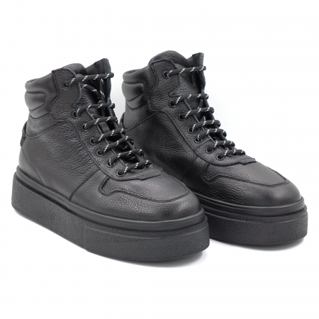 Ghete dama casual sport din piele naturala bizonata neagra cu varf rotund si talpa 3 cm 71124-24 [2]