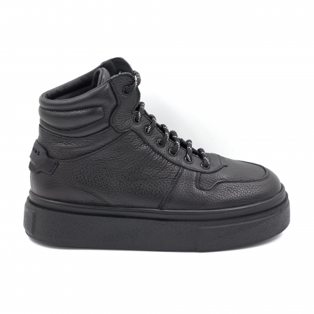 Ghete casual & bocanci dama - Ghete dama casual sport din piele naturala bizonata neagra cu varf rotund si talpa 3 cm 71124-24