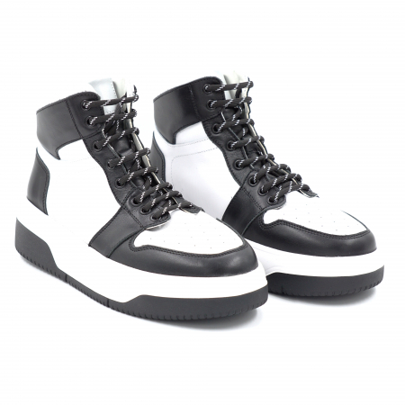 Ghete dama casual sport din piele naturala bizonata neagra si alba cu varf rotund si talpa 3 cm 71224-24 [2]