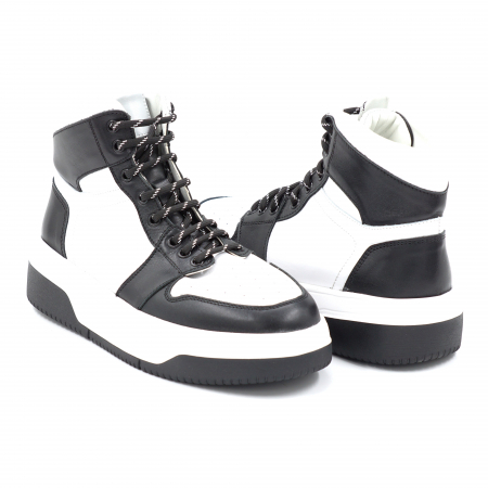 Ghete dama casual sport din piele naturala bizonata neagra si alba cu varf rotund si talpa 3 cm 71224-24 [3]