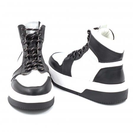 Ghete dama sport din piele naturala bizonata neagra si alba cu varf rotund si talpa 3 cm 71224-24 [4]