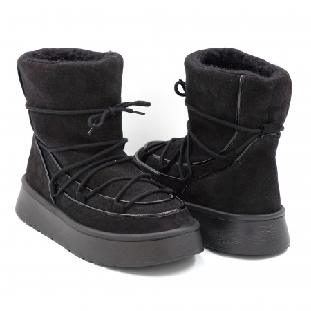 Ghete dama casual tip UGG din piele naturala intoarsa neagra si lac negru cu varf rotund si talpa 3 cm  71424-24 [3]
