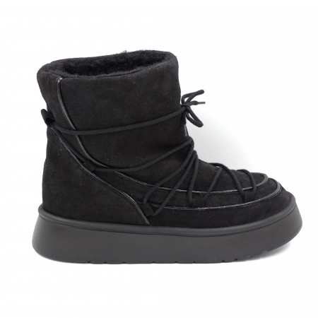 Ghete & bocanci dama - Ghete dama casual tip UGG din piele naturala intoarsa neagra si lac negru cu varf rotund si talpa 3 cm  71424-24