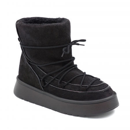 Ghete dama casual tip UGG din piele naturala intoarsa neagra si lac negru cu varf rotund si talpa 3 cm  71424-24 [1]