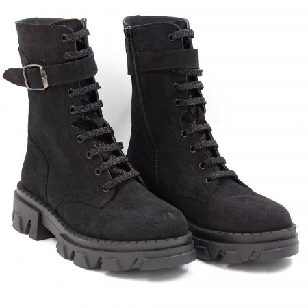 Ghete dama casual din piele naturala intoarsa neagra cu accesorii metalice, varf rotund si talpa 3 cm 71724-24 [3]