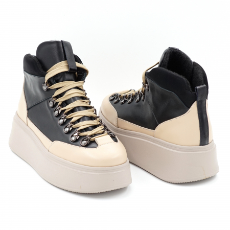 Ghete dama casual sport din piele naturala nude bej si neagra cu accesorii metalice, varf rotund si talpa 5 cm 72421-23 [3]