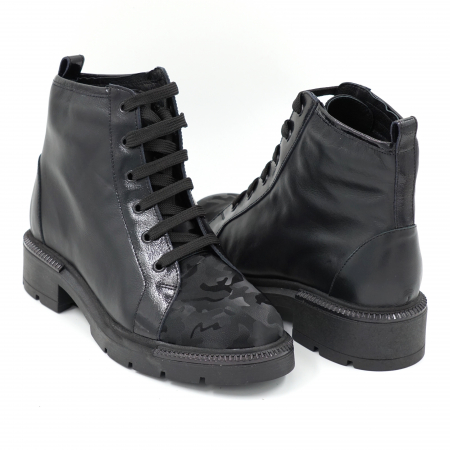 Ghete dama casual din piele naturala neagra si cu imprimeu negru militar 3D cu varf rotund si talpa 3 cm  75821-23 [3]