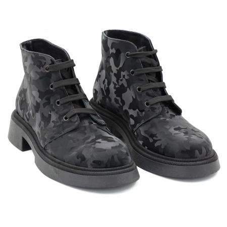 Ghete dama casual din piele naturala cu imprimeu negru militar 3D cu varf rotund si talpa 3 cm 72821-23 [2]