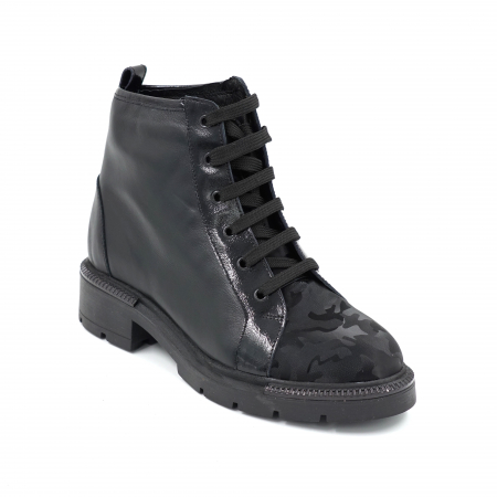 Ghete dama casual din piele naturala neagra si cu imprimeu negru militar 3D cu varf rotund si talpa 3 cm  75821-23 [1]
