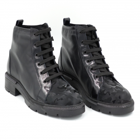 Ghete dama casual din piele naturala neagra si cu imprimeu negru militar 3D cu varf rotund si talpa 3 cm  75821-23 [2]