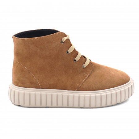 Ghete & bocanci dama - Ghete dama casual din piele naturala intoarsa maro coniac cu varf rotund si talpa 3 cm 72821-24