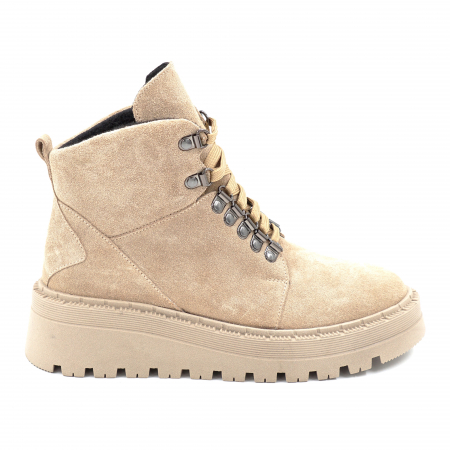 Ghete & bocanci dama - Ghete dama casual sport din piele naturala intoarsa bej cappucino cu varf rotund si talpa ortopedica 4 cm 73119-24