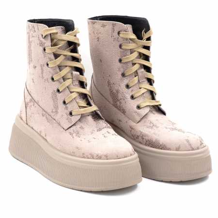 Ghete dama casual din piele naturala bej inchis roze cu imprimeu 3D cu varf rotund si talpa 5 cm  73221-24 [2]