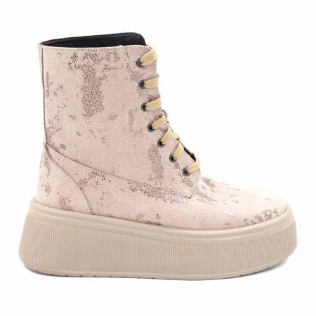 Ghete & bocanci dama - Ghete dama casual din piele naturala bej inchis roze cu imprimeu 3D cu varf rotund si talpa 5 cm  73221-24