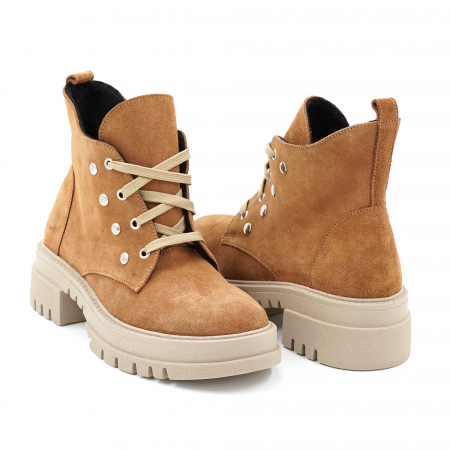 Ghete dama casual din piele naturala intoarsa maro coniac cu capse metalice, varf rotund si talpa 4 cm 74320-23 [3]