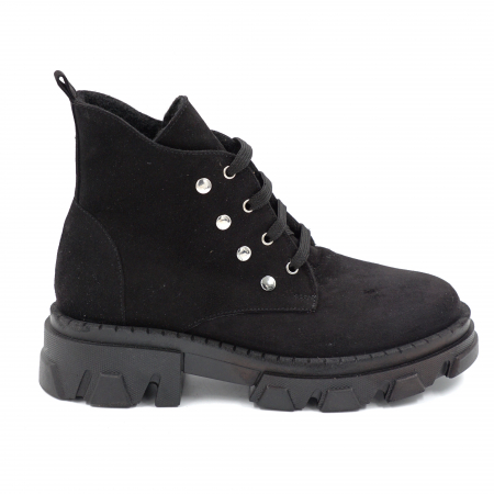 Ghete & bocanci dama - Ghete dama casual din piele naturala intoarsa neagra cu capse metalice, varf rotund si talpa 3 cm  74320-24