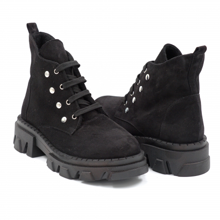 Ghete dama casual din piele naturala intoarsa neagra cu capse metalice, varf rotund si talpa 3 cm  74320-24 [3]