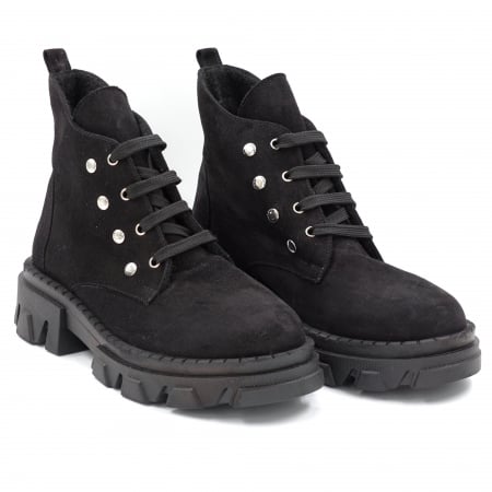 Ghete dama casual din piele naturala intoarsa neagra cu capse metalice, varf rotund si talpa 3 cm  74320-24 [2]