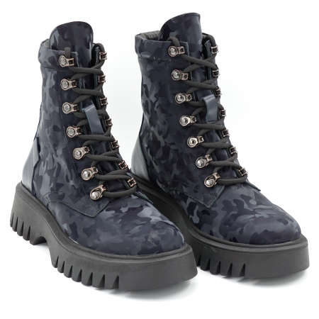 Ghete dama casual din piele naturala lacuita bleumaren si cu imprimeu bleumaren militar 3D cu varf rotund si talpa 3 cm  74621-23 [2]