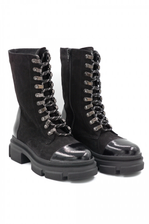 Cizme dama casual scurte din piele naturala intoarsa si lacuita neagra cu varf rotund, talpa  4 cm si accesorii metalice 74920-24 [2]