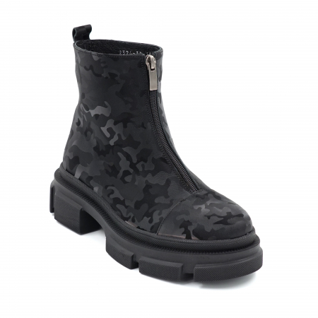 Ghete dama din piele naturala cu imprimeu negru militar 3D cu varf rotund si talpa 4 cm 75121-23 [1]