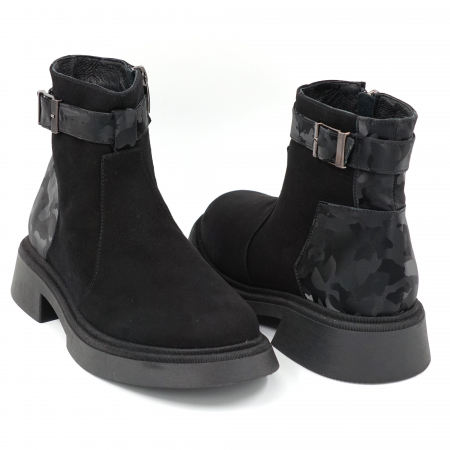 Ghete dama casual din piele naturala intoarsa neagra si cu imprimeu negru militar 3D cu varf rotund si talpa 3 cm 75420-23 [3]